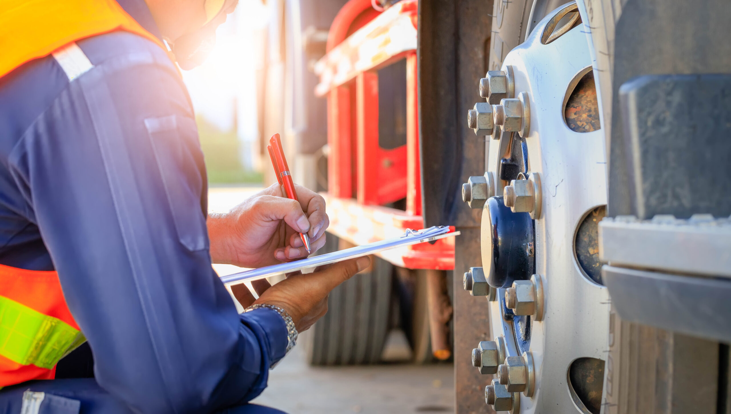 Preforming a pre-trip inspection on a truck, truck driver holding a clipboard