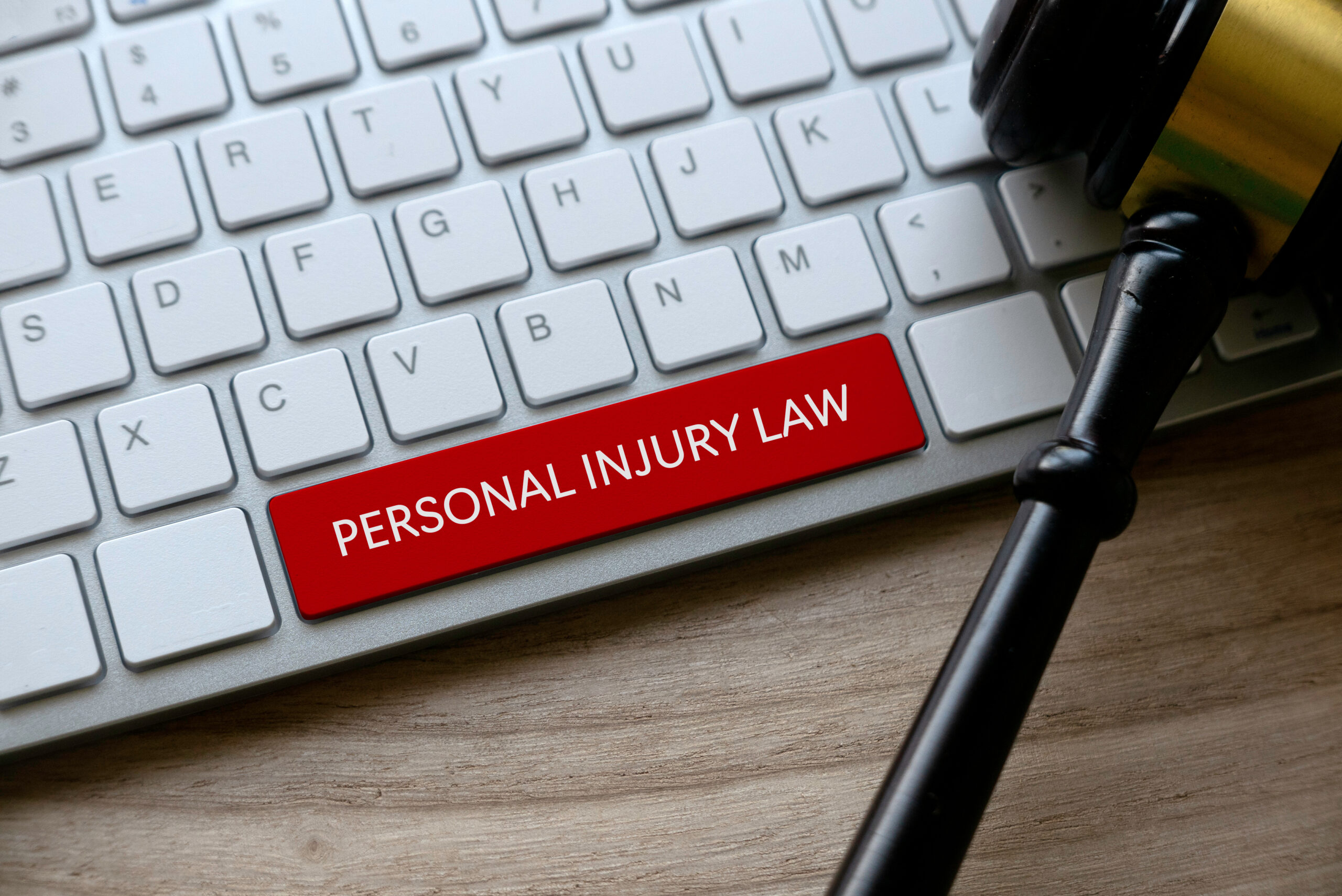 Selective focus of gavel and computer keyboard with red key written with Personal Injury Law on a wooden background.